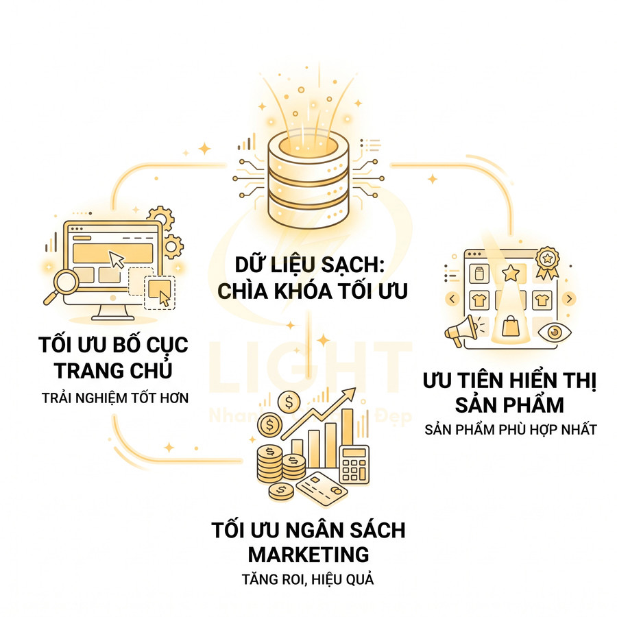Minh họa lợi ích dữ liệu sạch trong tối ưu bố cục trang chủ, ưu tiên hiển thị sản phẩm và tối ưu ngân sách marketing