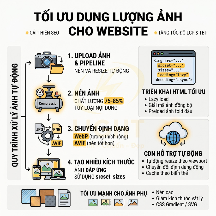 Hướng dẫn tối ưu dung lượng ảnh cho website với quy trình nén, chuyển định dạng WebP AVIF và tạo nhiều kích thước ảnh