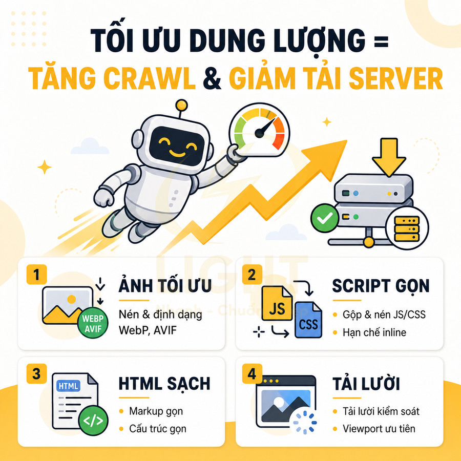 Minh họa robot tối ưu dung lượng web với ảnh tối ưu, script gọn, HTML sạch và tải lười để tăng crawl giảm tải server