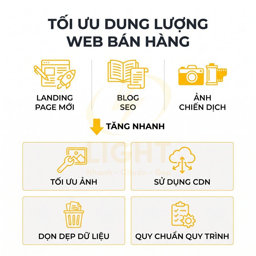 Hướng dẫn tối ưu dung lượng web bán hàng với tối ưu ảnh, dùng CDN, dọn dẹp dữ liệu và quy chuẩn quy trình