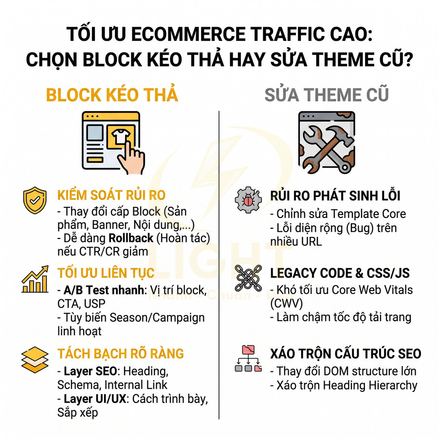 Infographic so sánh block kéo thả và sửa theme cũ trong tối ưu traffic ecommerce, nêu ưu nhược điểm và rủi ro SEO