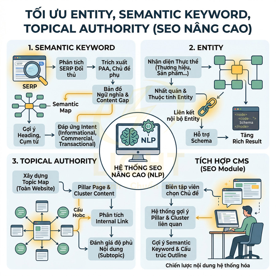 Sơ đồ hệ thống SEO nâng cao tối ưu entity, semantic keyword và topical authority tích hợp CMS