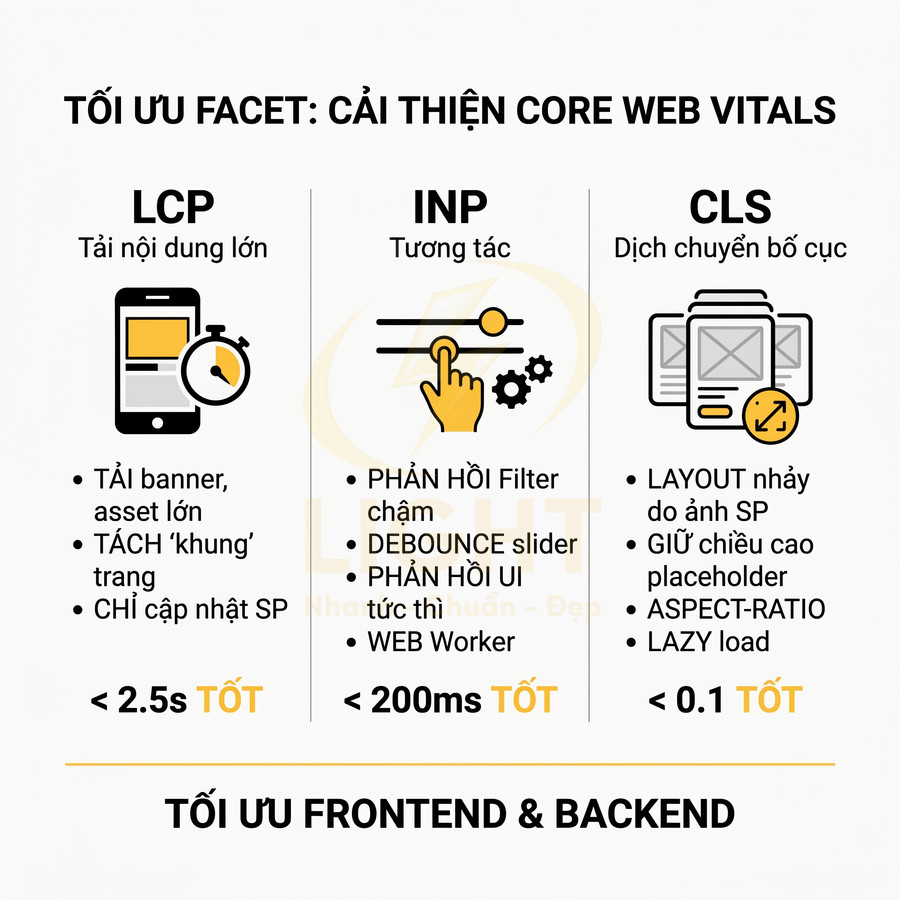 Infographic tối ưu Facet cải thiện Core Web Vitals LCP INP CLS và tối ưu frontend backend cho website