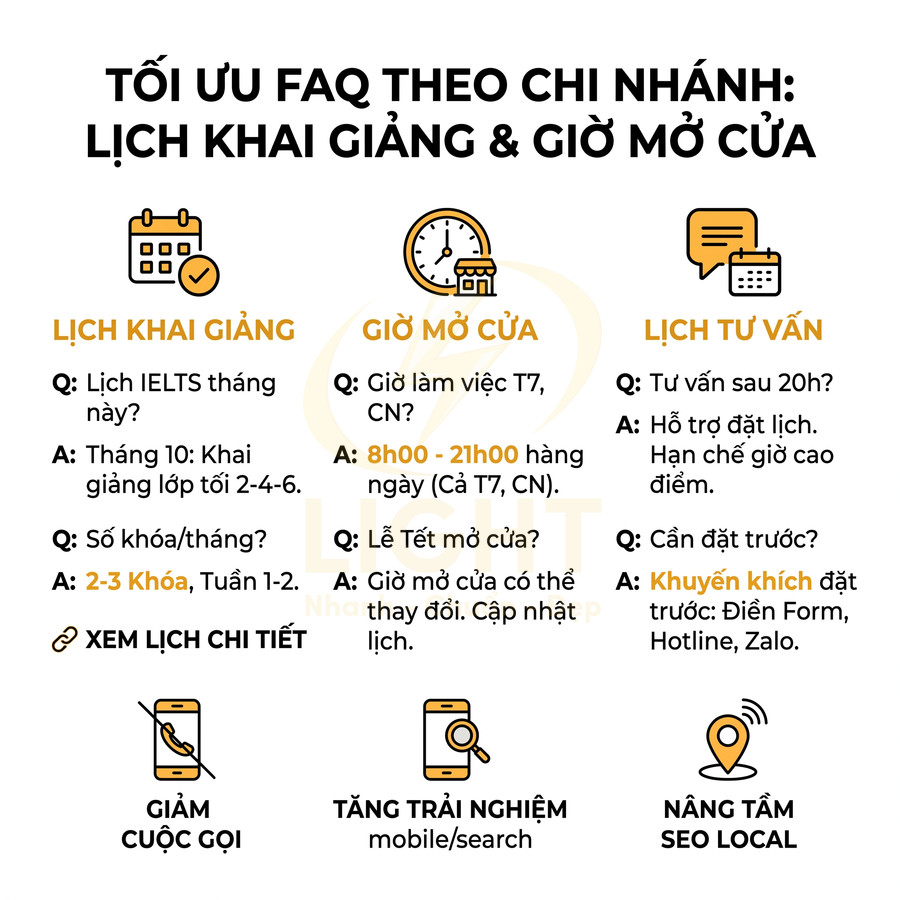 Hướng dẫn tối ưu FAQ chi nhánh về lịch khai giảng, giờ mở cửa và lịch tư vấn cho trung tâm tiếng Anh