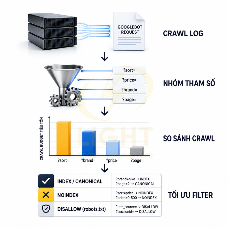 Quy trình tối ưu filter tham số URL cho crawl budget Googlebot với nhóm sort, price, brand, page