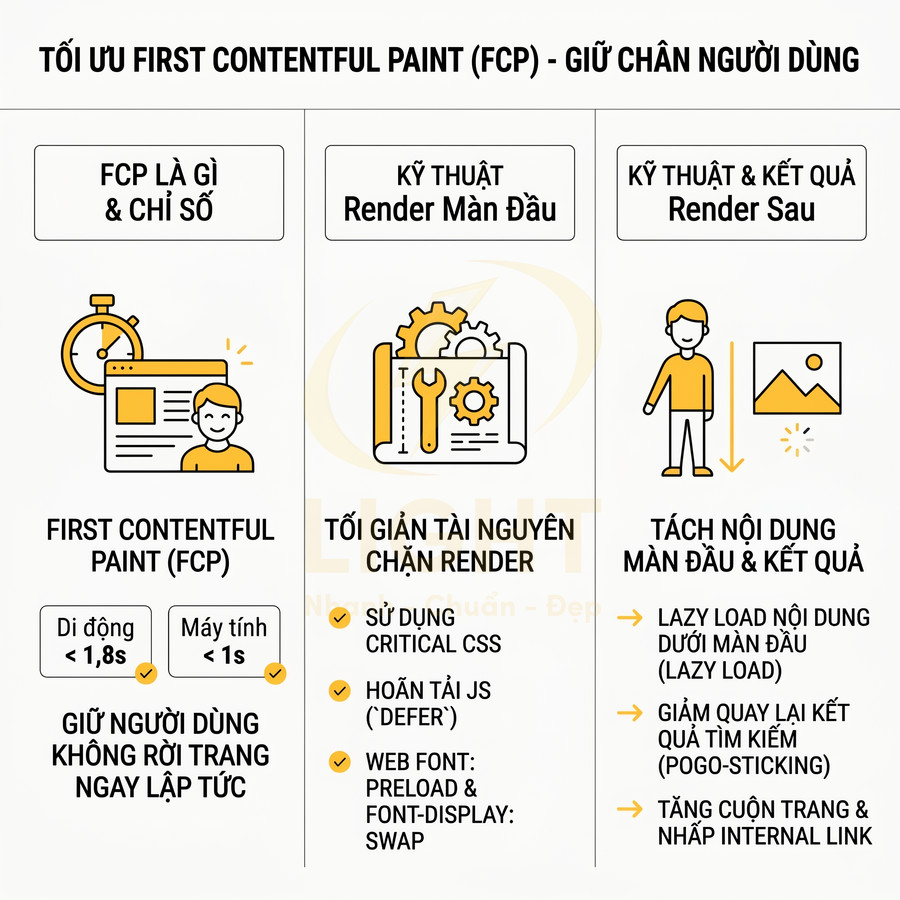 Infographic tối ưu First Contentful Paint FCP với kỹ thuật render màn đầu và lazy load nội dung web