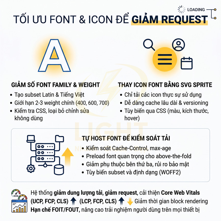 Infographic tối ưu font và icon để giảm request, hướng dẫn giảm font family, dùng SVG sprite và tự host font cải thiện Core Web Vitals