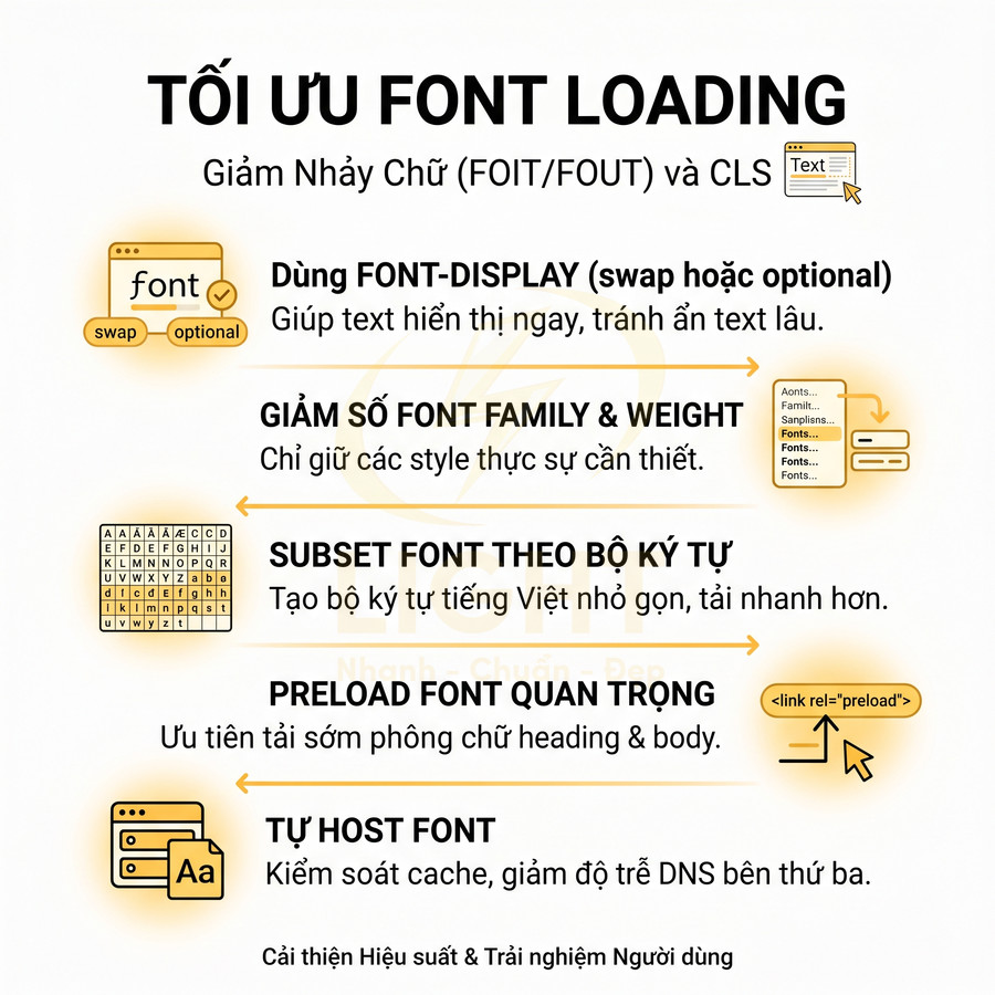 Hướng dẫn tối ưu font loading giảm nhảy chữ với font display, giảm font family, subset, preload và tự host font