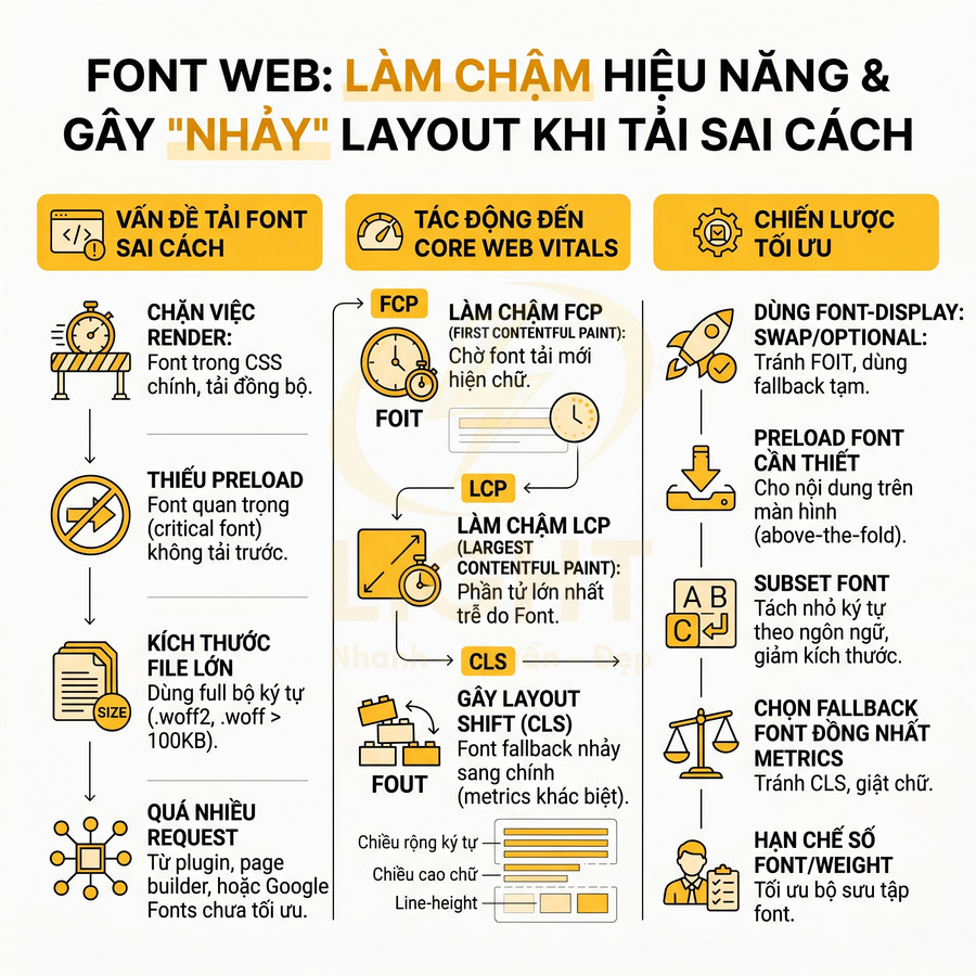 Infographic tối ưu font web, giải thích lỗi tải font sai cách ảnh hưởng Core Web Vitals và chiến lược cải thiện hiệu năng