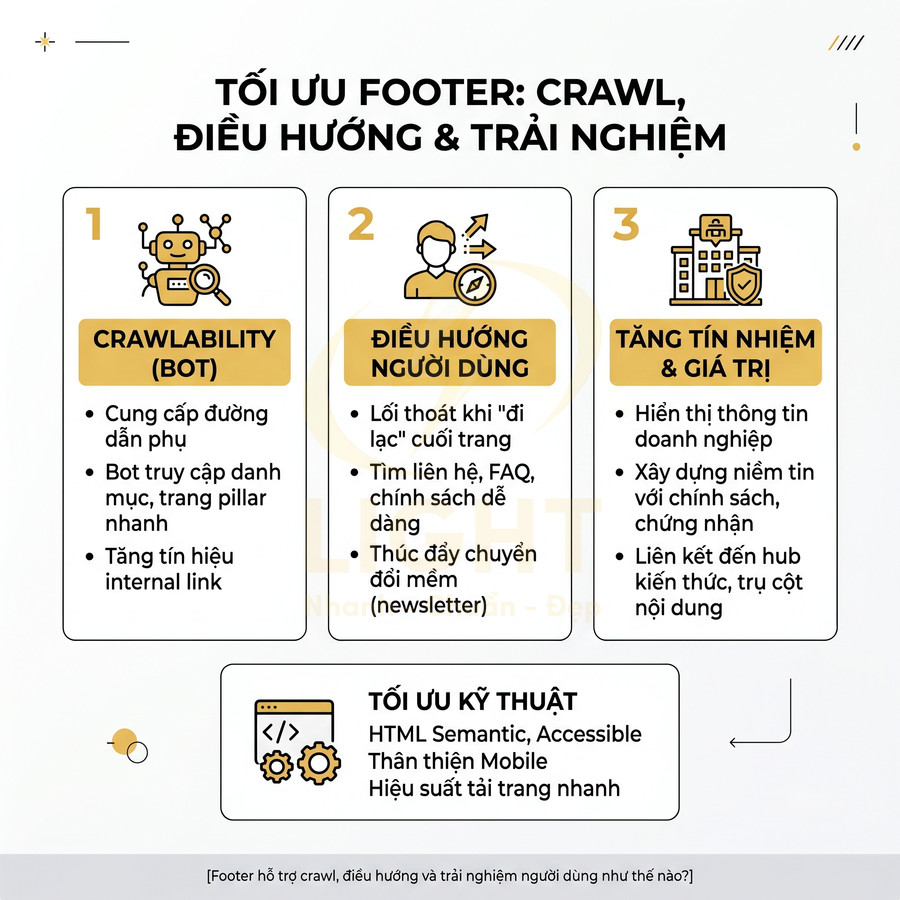Infographic hướng dẫn tối ưu footer website để cải thiện crawl, điều hướng người dùng và tăng độ tin cậy, giá trị nội dung