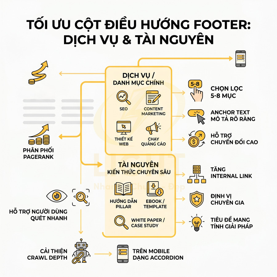 Hướng dẫn tối ưu cột điều hướng footer dịch vụ và tài nguyên cho website chuẩn SEO