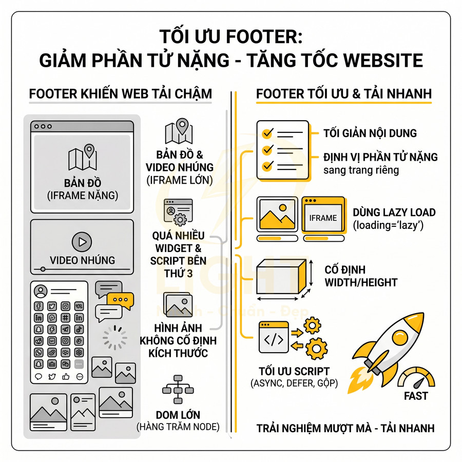 Infographic tối ưu footer giảm phần tử nặng để tăng tốc độ tải website và cải thiện trải nghiệm người dùng