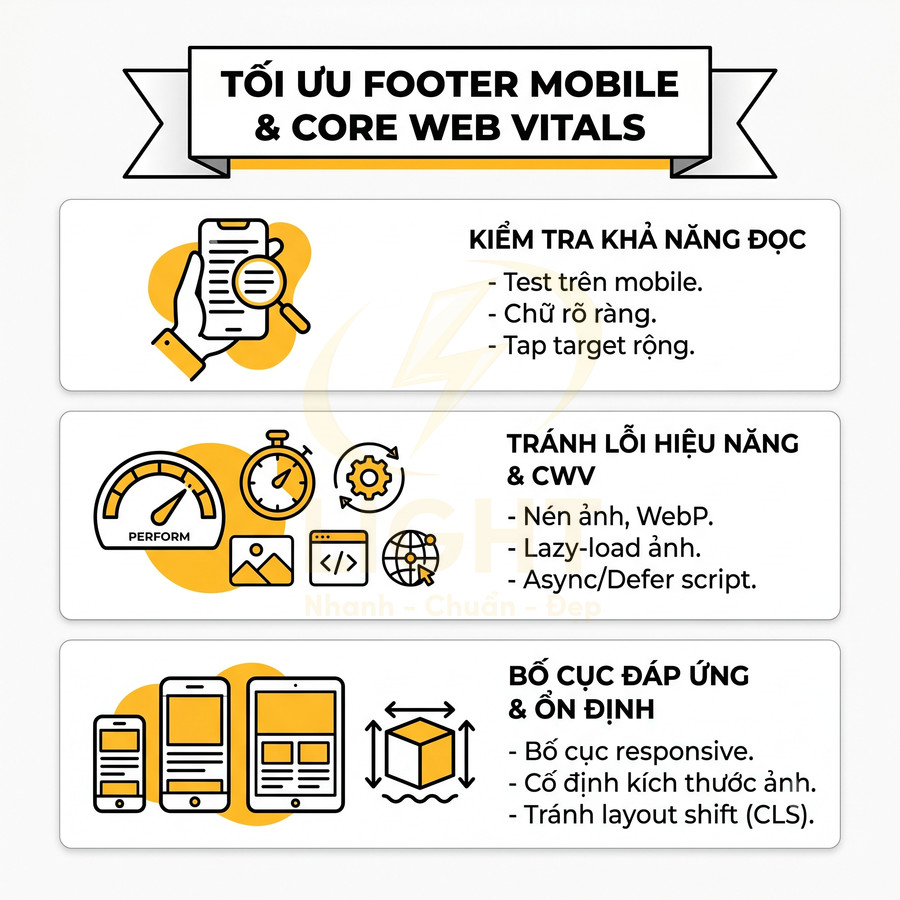 Hướng dẫn tối ưu footer mobile và Core Web Vitals với kiểm tra khả năng đọc, hiệu năng và bố cục responsive