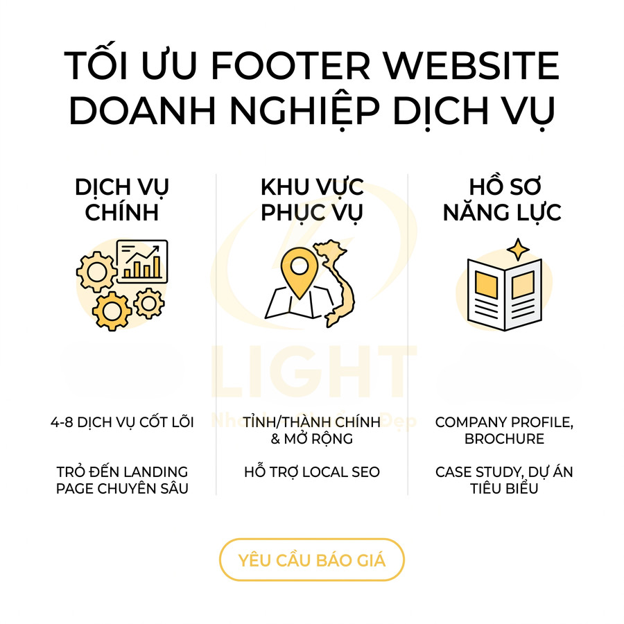 Hướng dẫn tối ưu footer website doanh nghiệp dịch vụ với dịch vụ chính khu vực phục vụ và hồ sơ năng lực