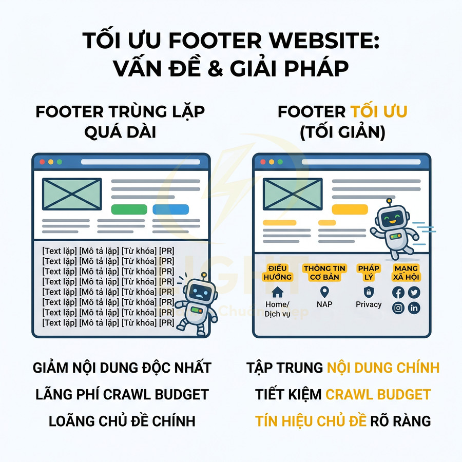 Minh họa so sánh footer website trùng lặp quá dài và footer tối ưu tối giản với robot hướng dẫn SEO