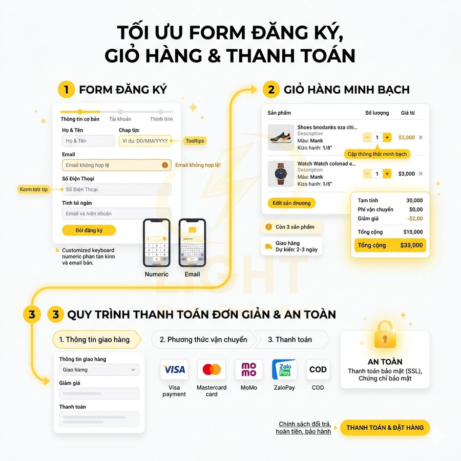Mẫu giao diện tối ưu form đăng ký, giỏ hàng minh bạch và quy trình thanh toán online đơn giản an toàn