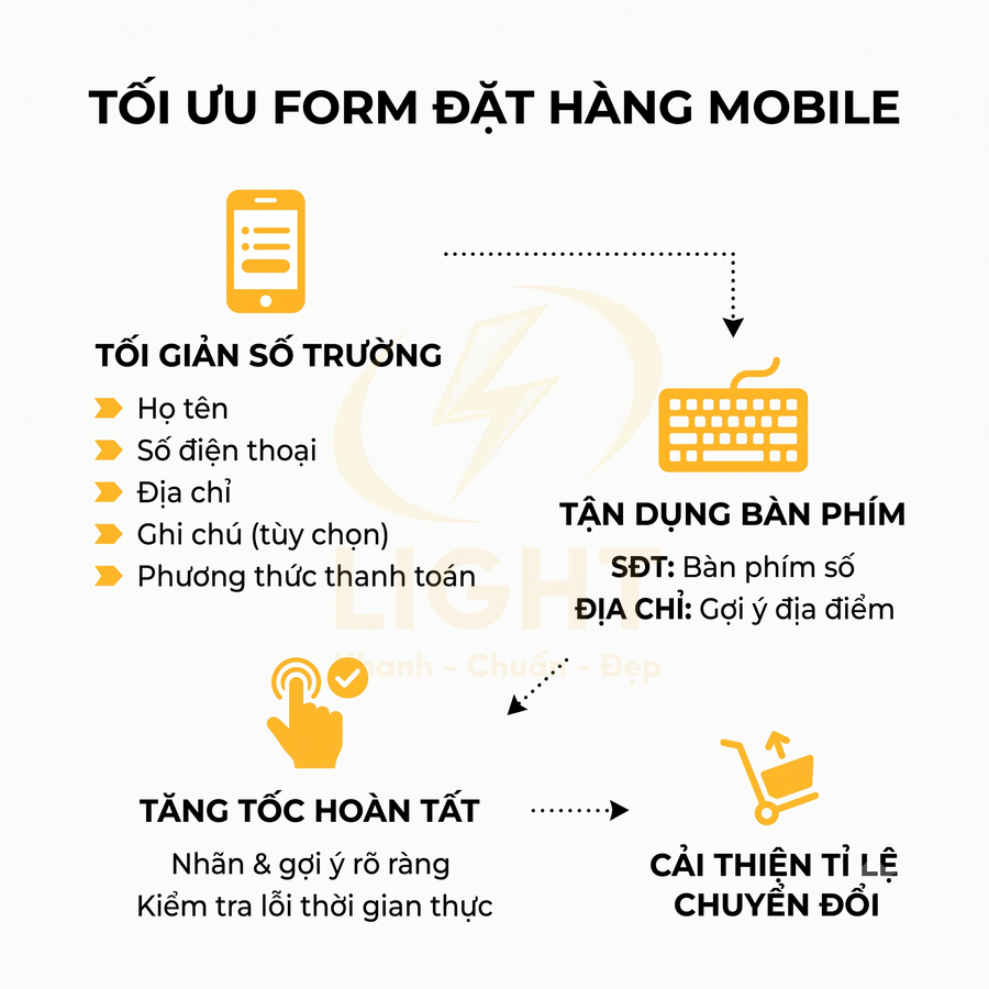 Hướng dẫn tối ưu form đặt hàng trên mobile với tối giản trường nhập và tận dụng bàn phím để tăng tỉ lệ chuyển đổi