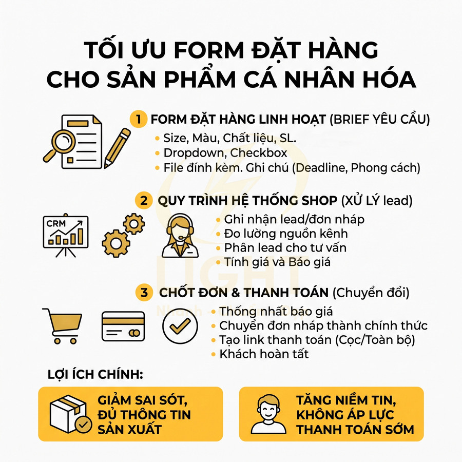 Infographic tối ưu form đặt hàng cho sản phẩm cá nhân hóa với quy trình xử lý lead và chốt đơn thanh toán