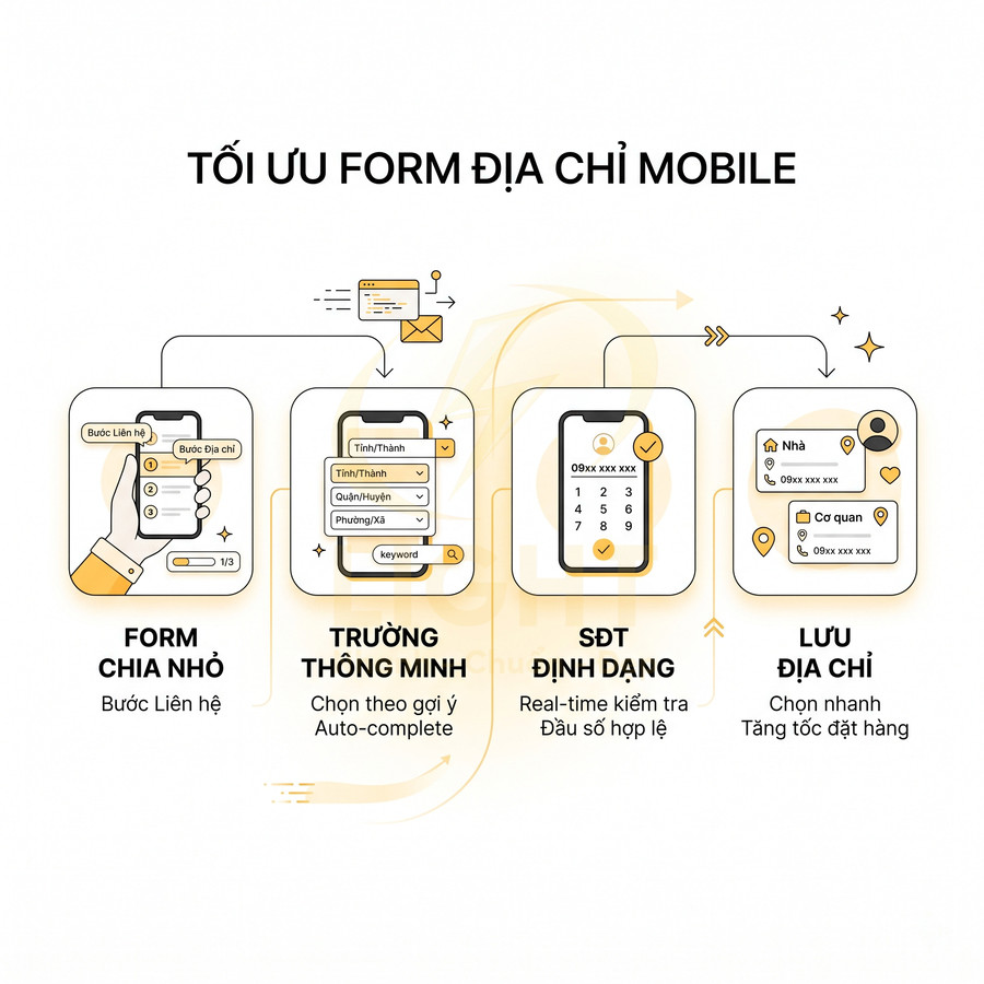 Minh họa tối ưu form địa chỉ trên mobile với form chia nhỏ, trường thông minh, kiểm tra số điện thoại và lưu địa chỉ