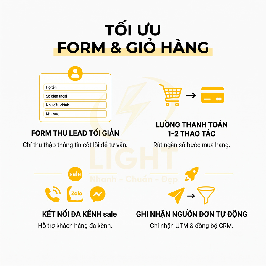 Infographic tối ưu form và giỏ hàng với form thu lead, thanh toán nhanh, kết nối đa kênh và ghi nhận nguồn đơn tự động