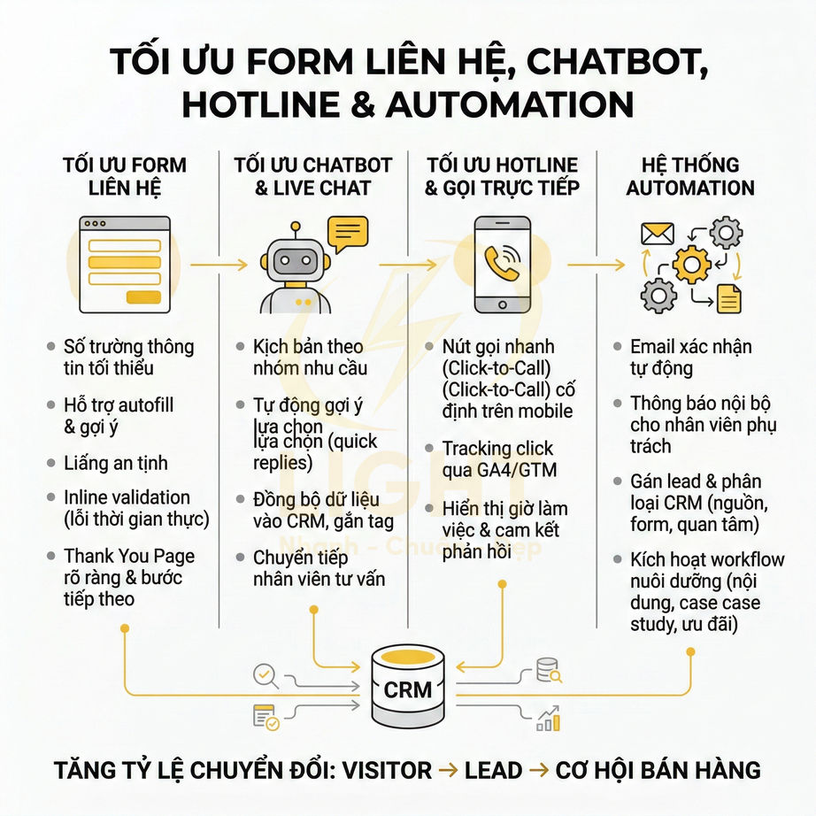 Infographic tối ưu form liên hệ, chatbot, hotline và automation để tăng tỷ lệ chuyển đổi khách hàng