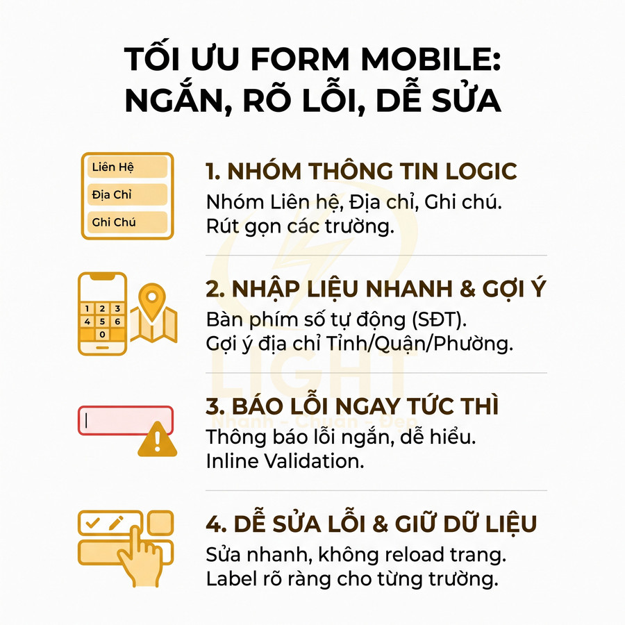 Hướng dẫn tối ưu form mobile với 4 bước: nhóm thông tin, nhập liệu nhanh, báo lỗi tức thì, dễ sửa và giữ dữ liệu