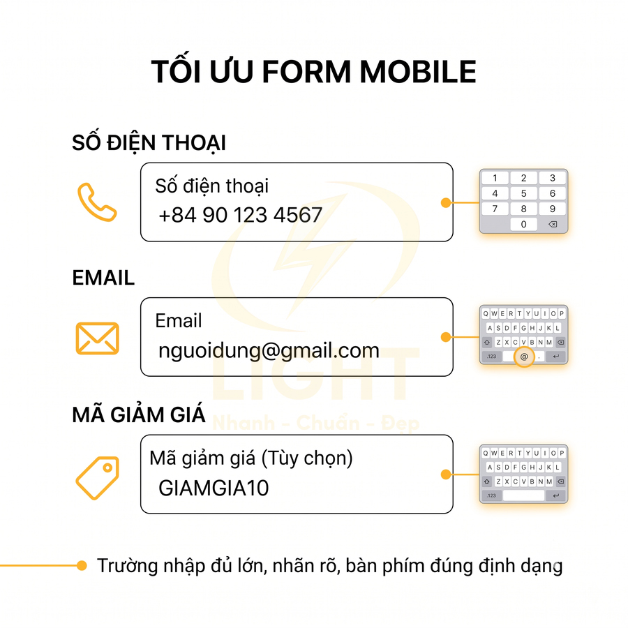 Mẫu form mobile tối ưu với trường số điện thoại, email và mã giảm giá hiển thị rõ ràng