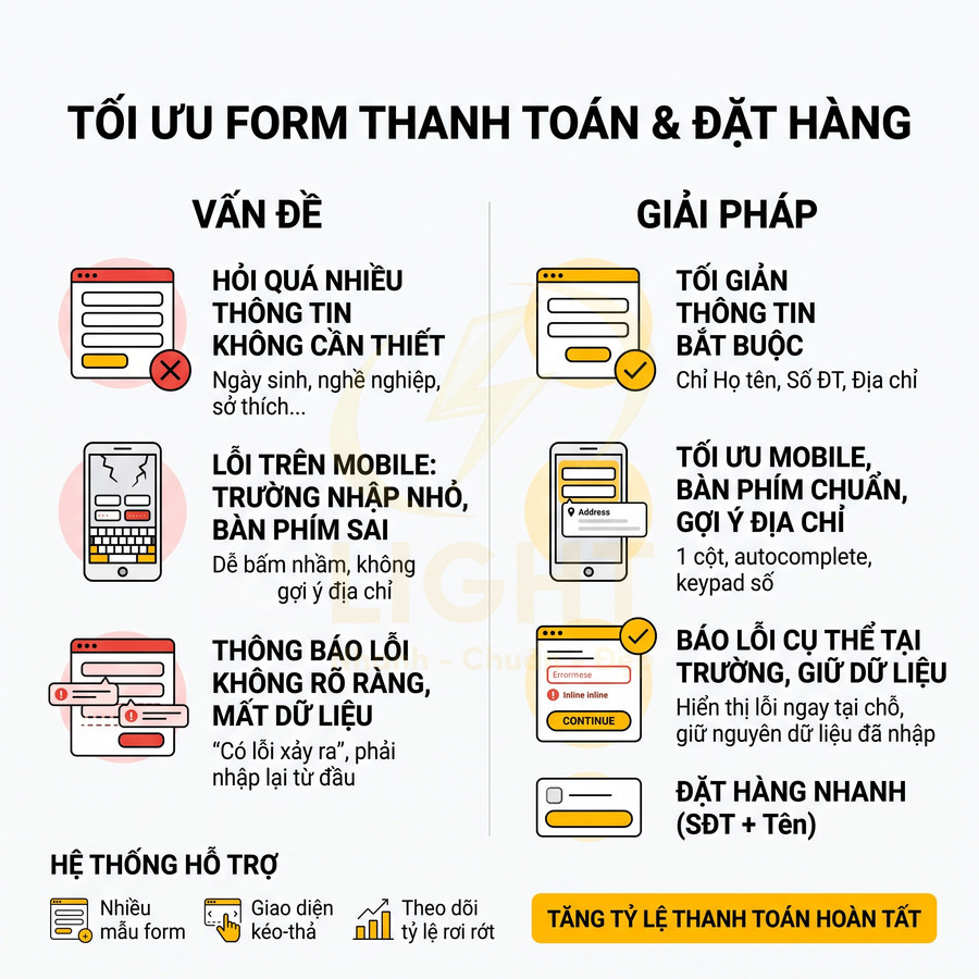 Infographic tối ưu form thanh toán đặt hàng, liệt kê vấn đề và giải pháp tăng tỷ lệ hoàn tất đơn hàng