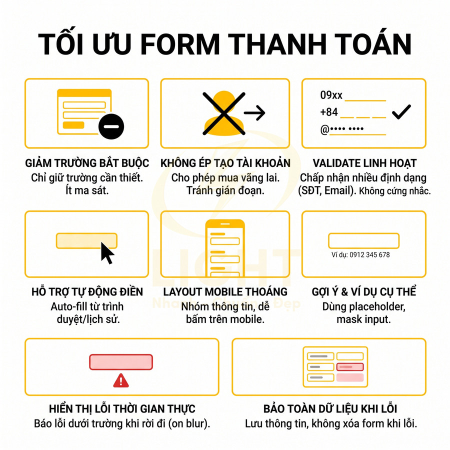 Các nguyên tắc tối ưu form thanh toán: giảm trường bắt buộc, auto fill, layout mobile, gợi ý và bảo toàn dữ liệu