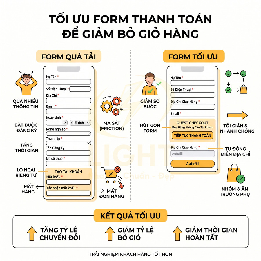 Infographic tối ưu form thanh toán thương mại điện tử để giảm bỏ giỏ hàng và tăng tỷ lệ chuyển đổi