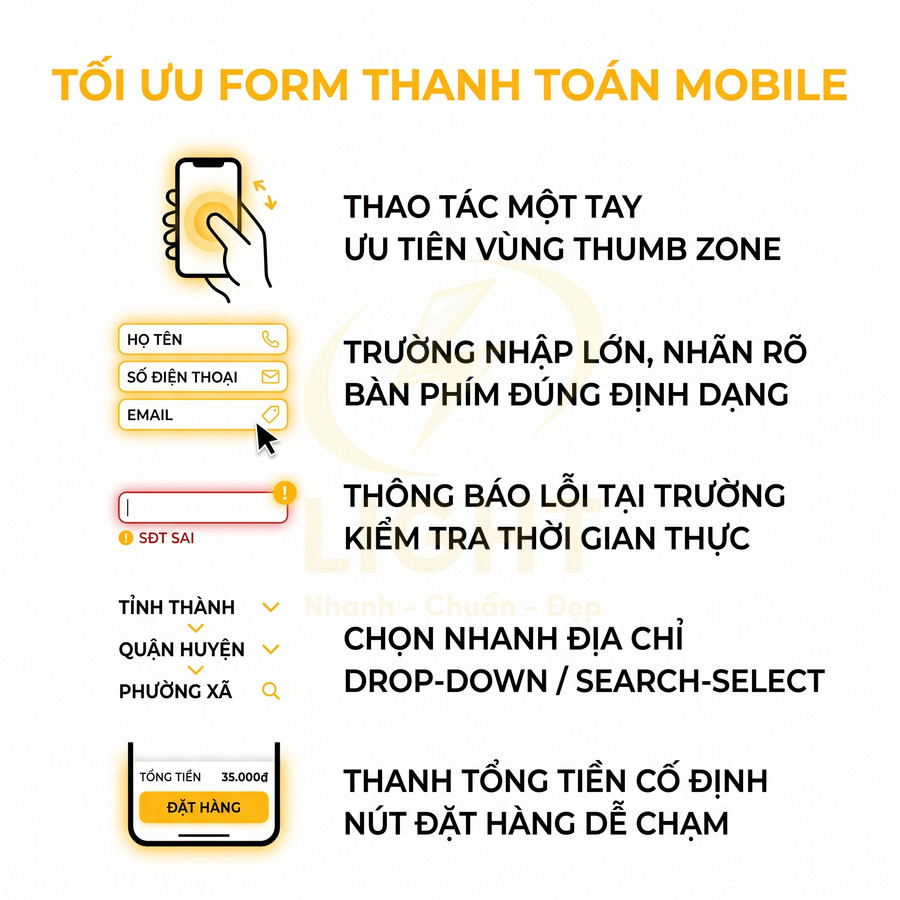 Hướng dẫn tối ưu form thanh toán mobile với thao tác một tay, trường nhập lớn, báo lỗi và nút đặt hàng dễ chạm
