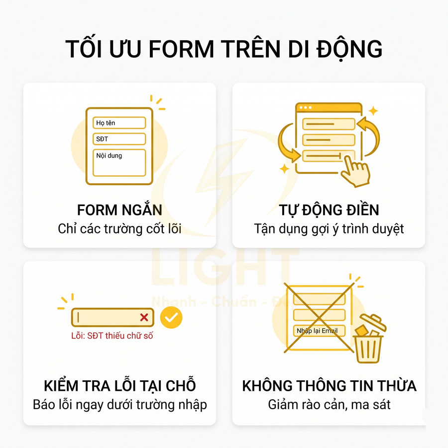 Hướng dẫn tối ưu form trên di động với form ngắn, tự động điền, kiểm tra lỗi tại chỗ và bỏ trường thông tin thừa