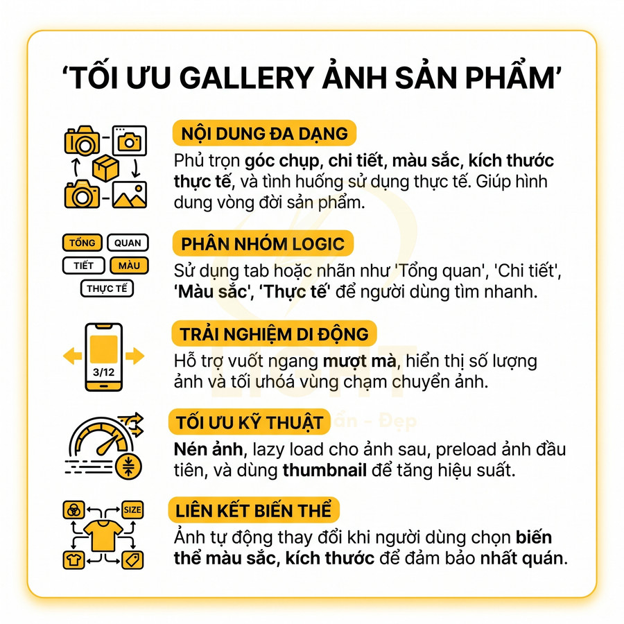 Hướng dẫn tối ưu gallery ảnh sản phẩm với nội dung đa dạng, phân nhóm logic, trải nghiệm di động và liên kết biến thể