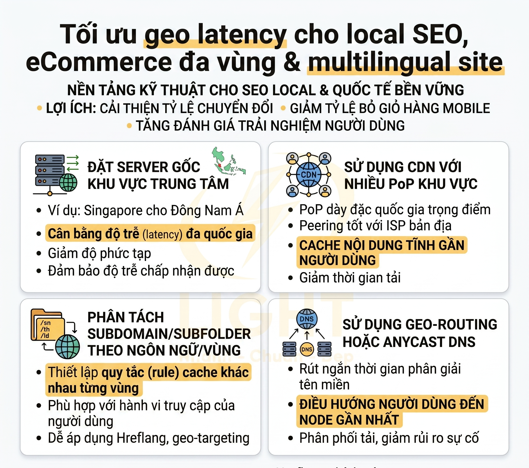 Infographic tối ưu geo latency cho local SEO và ecommerce đa vùng, hướng dẫn đặt server, dùng CDN, geo routing và phân tách subdomain