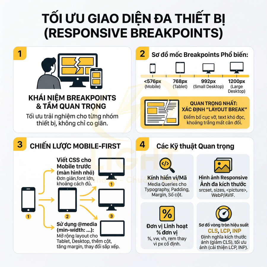 Infographic tối ưu giao diện đa thiết bị với chiến lược mobile first, media queries và hình ảnh responsive