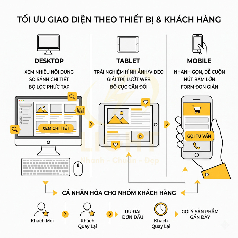 Mô tả tối ưu giao diện website trên desktop, tablet và mobile kèm cá nhân hóa trải nghiệm khách hàng