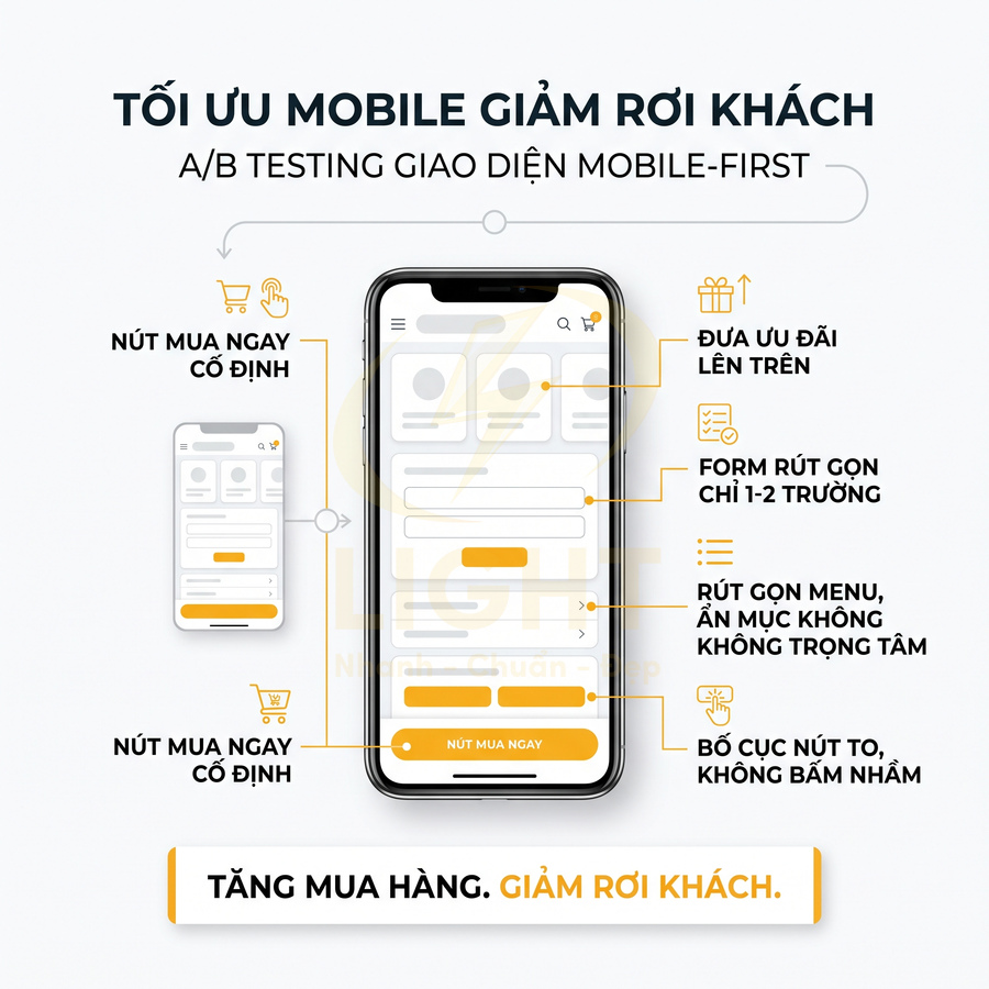 Giao diện mobile first trên iPhone tối ưu nút mua ngay cố định và form rút gọn để tăng mua hàng giảm rơi khách