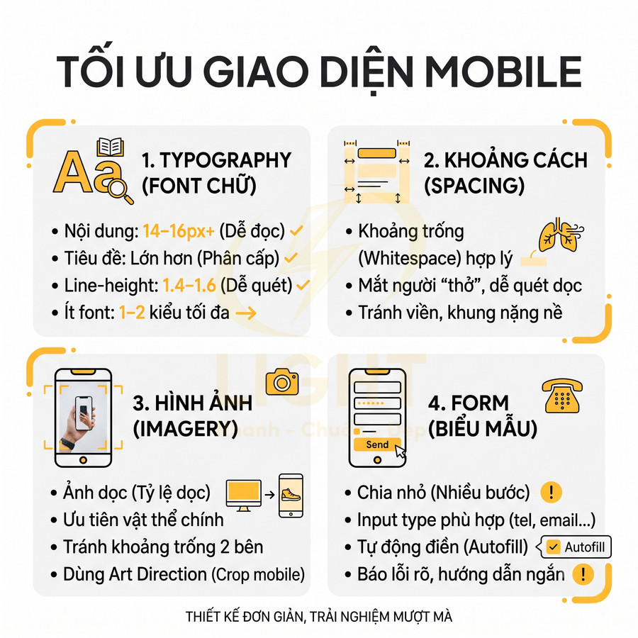 Infographic hướng dẫn tối ưu giao diện mobile với typography, khoảng cách, hình ảnh và form biểu mẫu