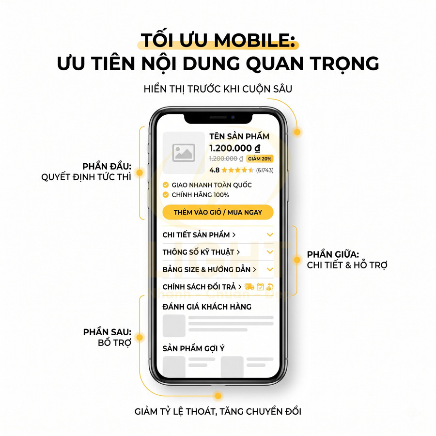 Giao diện trang chi tiết sản phẩm trên điện thoại, tối ưu nội dung quan trọng với nút thêm vào giỏ và thông tin giá, đánh giá