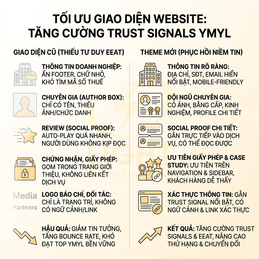Hướng dẫn tối ưu giao diện website tăng trust signals YMYL với so sánh giao diện cũ và theme mới
