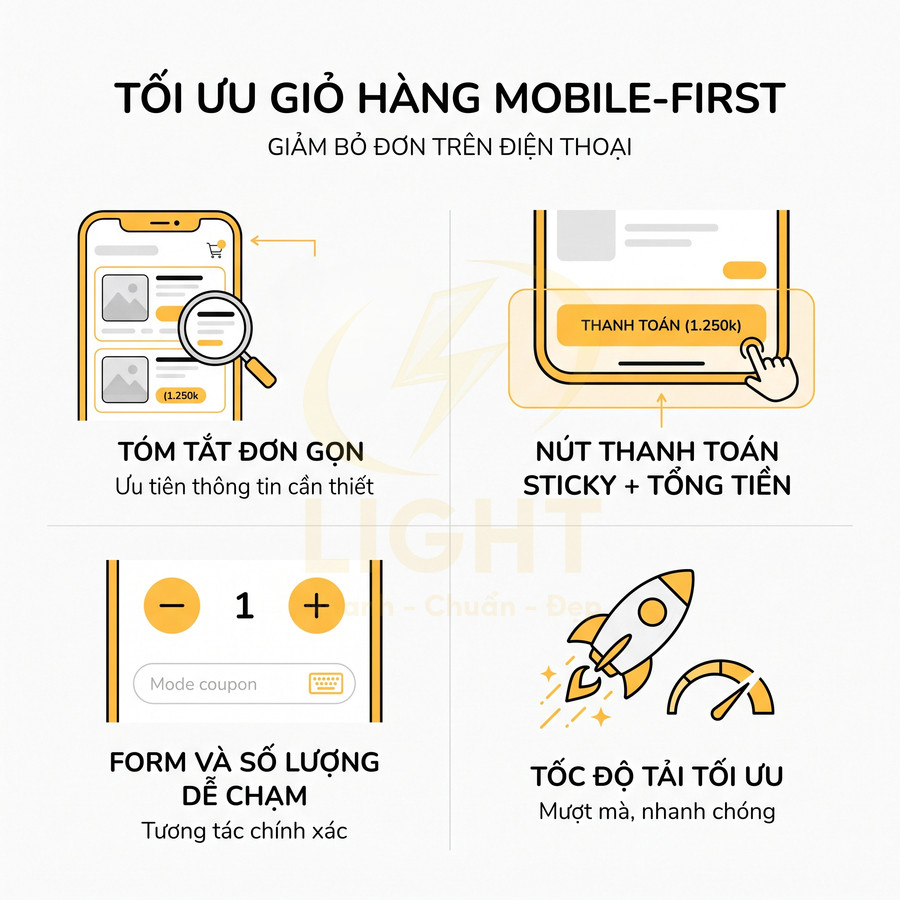 Thiết kế giao diện giỏ hàng mobile first với tóm tắt đơn, nút thanh toán sticky, form số lượng và tối ưu tốc độ tải