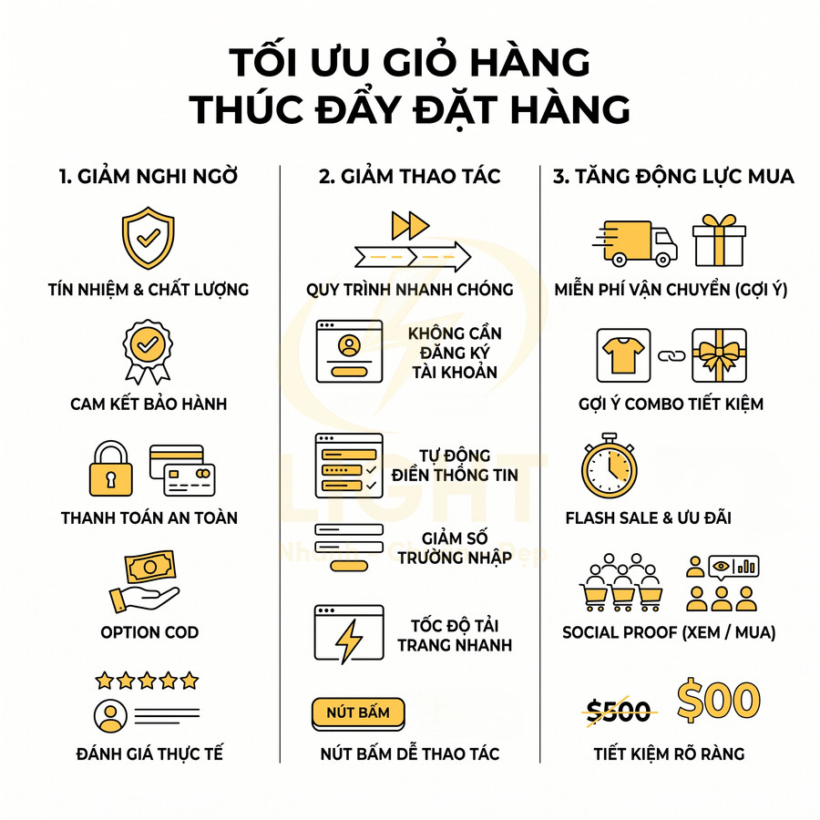 Infographic tối ưu giỏ hàng với các cách giảm nghi ngờ, giảm thao tác và tăng động lực mua hàng trong ecommerce