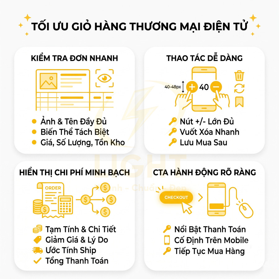 Infographic tối ưu giỏ hàng thương mại điện tử với kiểm tra đơn nhanh, thao tác dễ, chi phí minh bạch và nút CTA rõ ràng