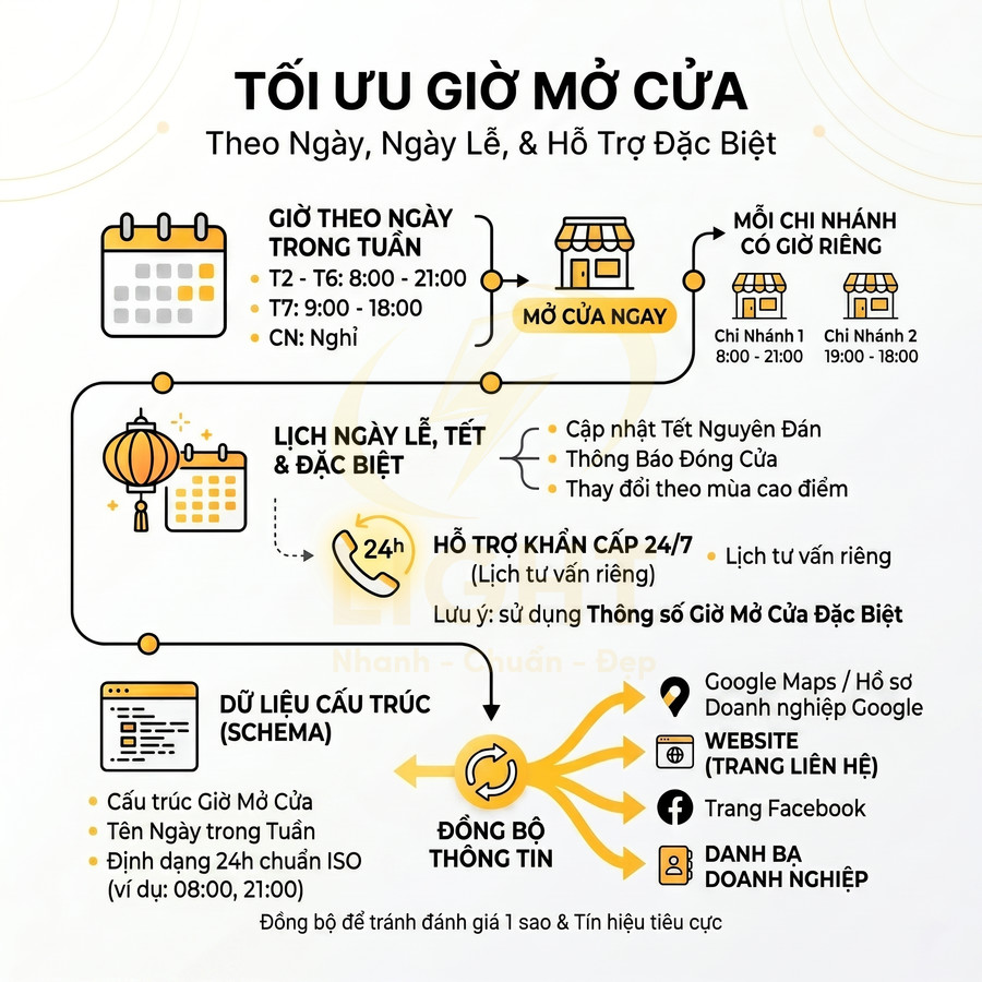 Hướng dẫn tối ưu giờ mở cửa theo ngày thường, ngày lễ và hỗ trợ khẩn cấp 24/7 cho doanh nghiệp