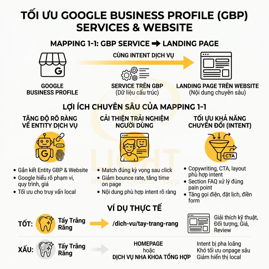 Hướng dẫn tối ưu Google Business Profile services mapping 1-1 sang landing page để tăng chuyển đổi website