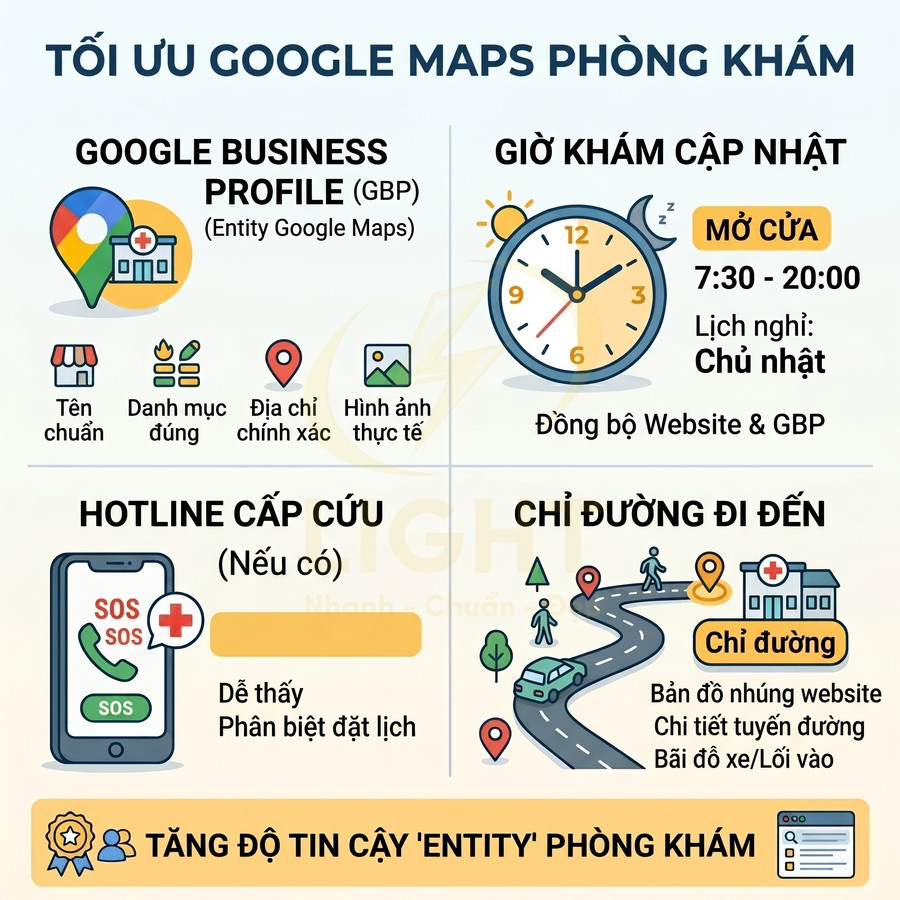 Hướng dẫn tối ưu Google Maps cho phòng khám với Google Business Profile, giờ khám, hotline và chỉ đường chi tiết