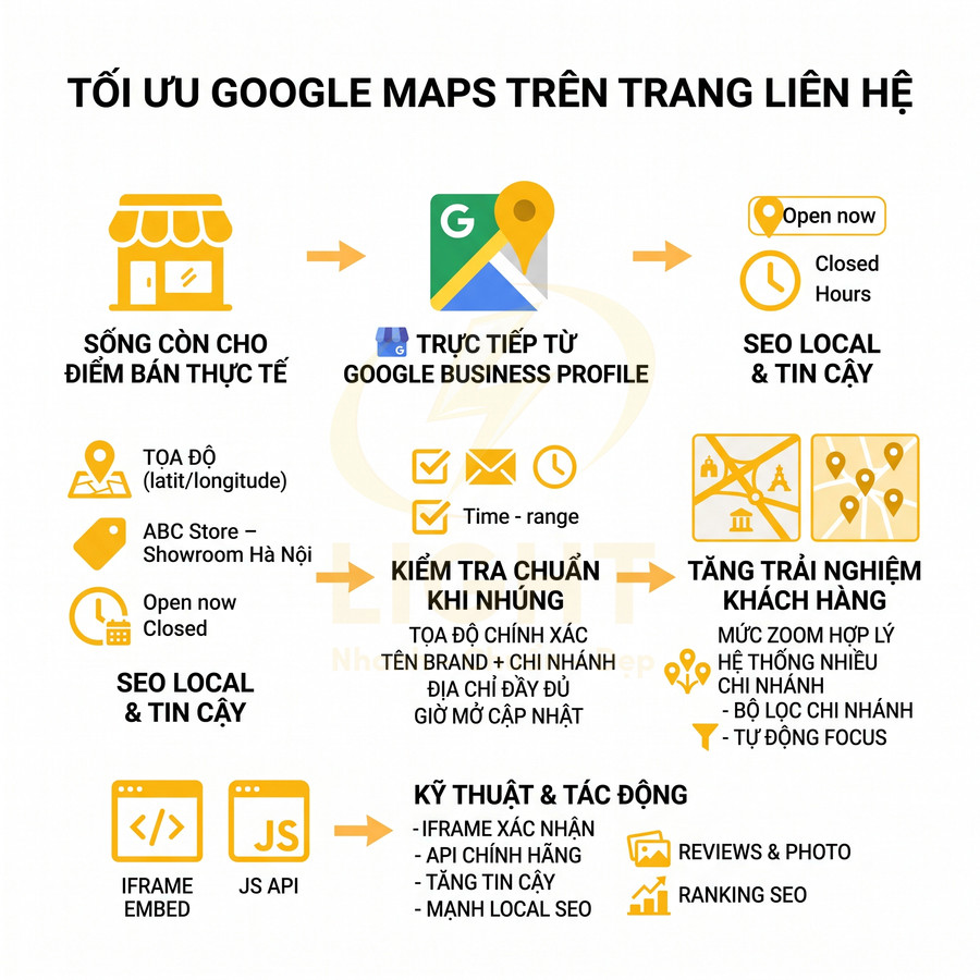 Infographic tối ưu Google Maps trên trang liên hệ để tăng SEO local, độ tin cậy và trải nghiệm khách hàng