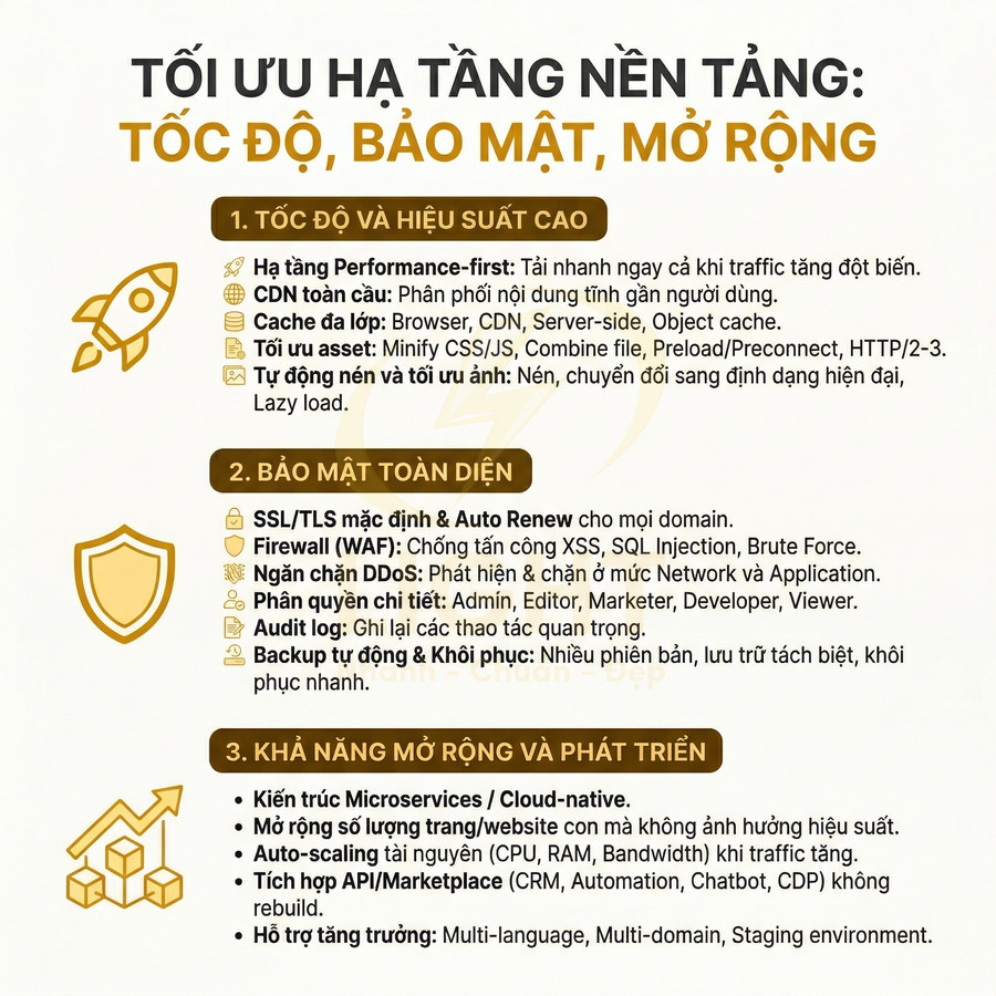 Infographic tối ưu hạ tầng nền tảng với giải pháp tăng tốc độ, bảo mật toàn diện và khả năng mở rộng website