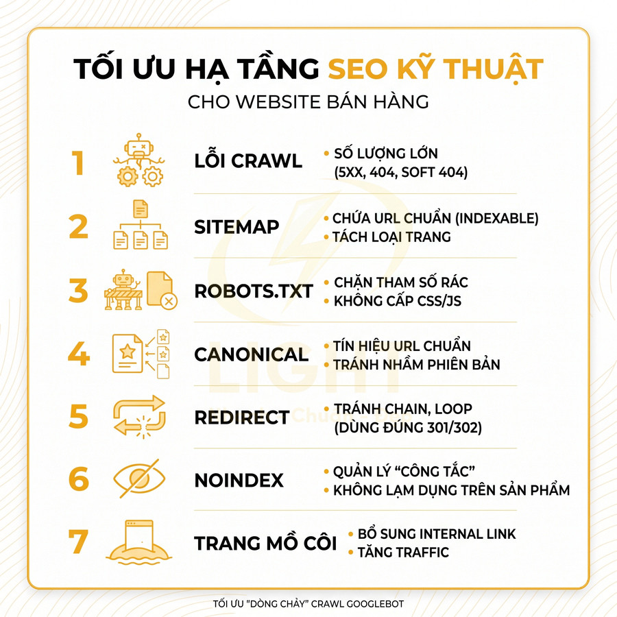 Checklist tối ưu hạ tầng SEO kỹ thuật cho website bán hàng với 7 bước và lưu ý chi tiết