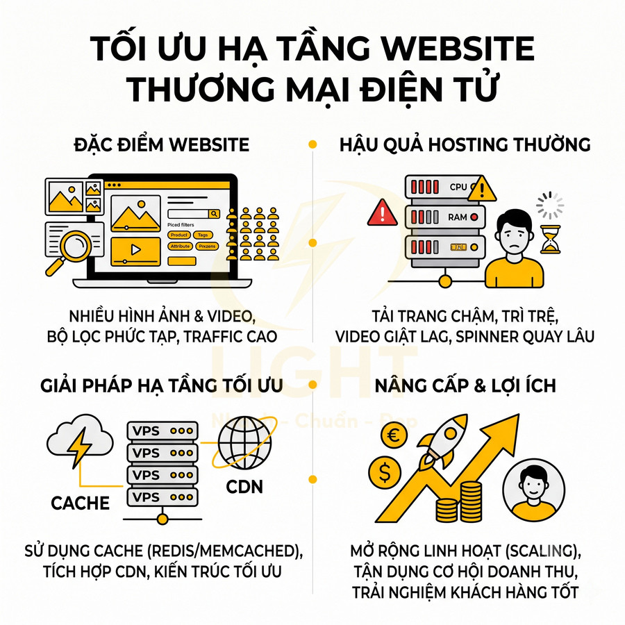 Infographic tối ưu hạ tầng website thương mại điện tử với cache, CDN và lợi ích nâng cấp hosting